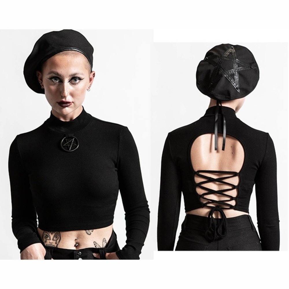 Killstar Darkest Hour Ribbed Top Black Pentagram Lace Up Back Crop Large
